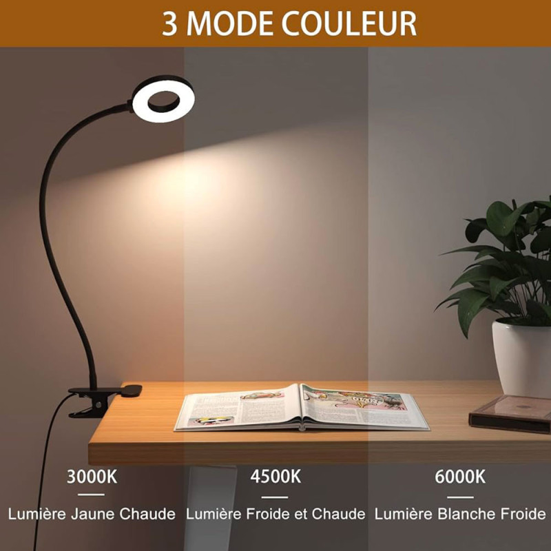 Lampe de Bureau LED Flexible avec Pince, 3 Modes d'Éclairage et 10 Niveaux d'Intensité