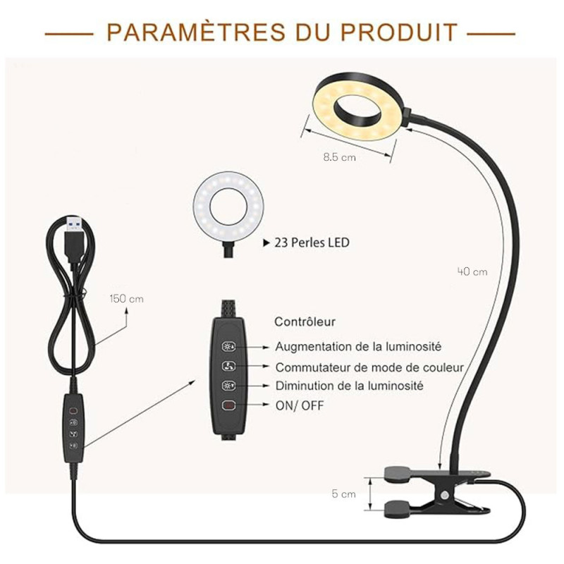 Lampe de Bureau LED Flexible avec Pince, 3 Modes d'Éclairage et 10 Niveaux d'Intensité