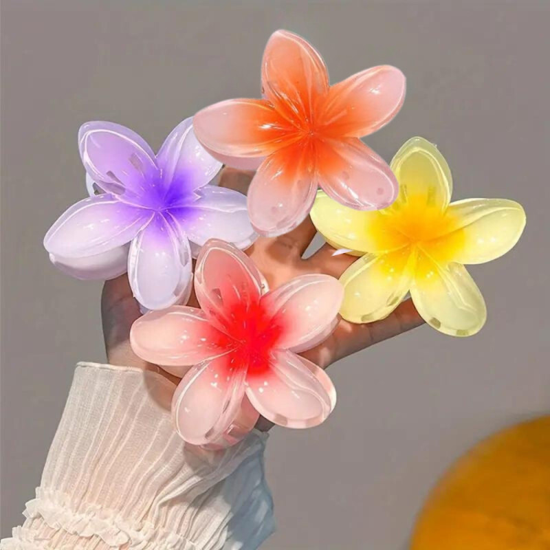 Lot de 4 Grandes Pinces à Cheveux Anti-Dérapantes Colorées en Forme de Fleurs Hawaïennes
