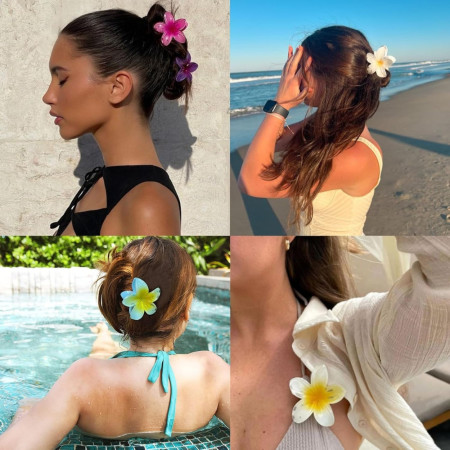 Lot de 4 Grandes Pinces à Cheveux Anti-Dérapantes Colorées en Forme de Fleurs Hawaïennes