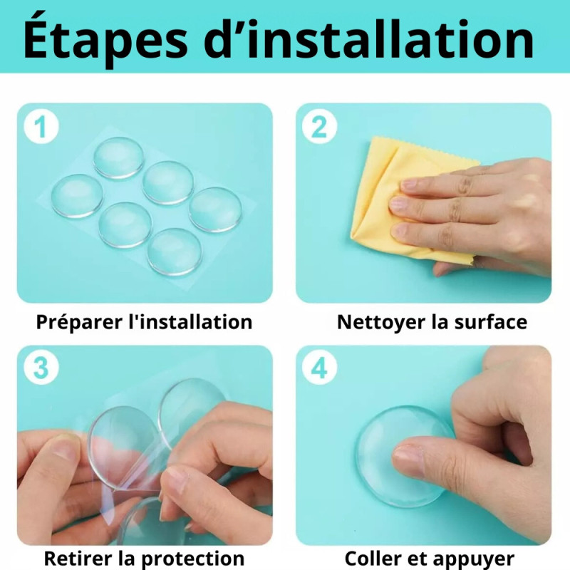 Pack de Butées de Porte Autocollantes Transparentes avec Amortisseur et Protection Ronde 40 mm