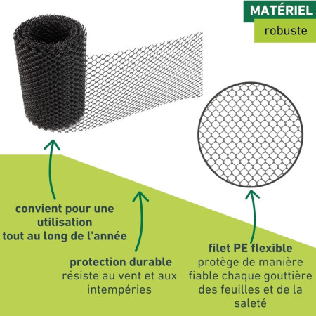 Grillage de Protection en Mailles Fines pour Gouttière avec Crochets de Montage - 15cm x 6M