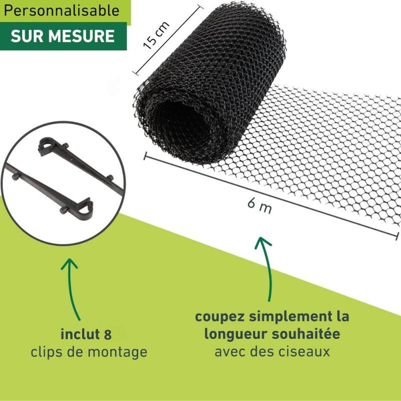 Grillage de Protection en Mailles Fines pour Gouttière avec Crochets de Montage - 15cm x 6M