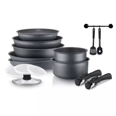 Batterie de Cuisine 15 Pièces Arthur Martin Poêles et Casseroles Gris Mat en Aluminium avec Accessoires