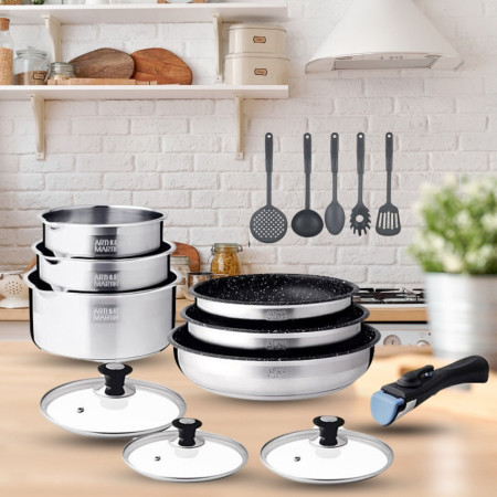 Batterie de Cuisine 15 Pièces Arthur Martin Poêles et Casseroles en Inox avec Accessoires