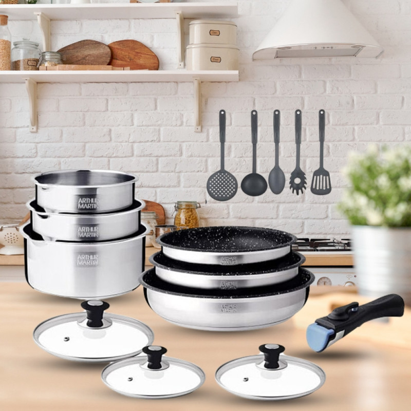 Batterie de Cuisine 15 Pièces Arthur Martin Poêles et Casseroles en Inox avec Accessoires