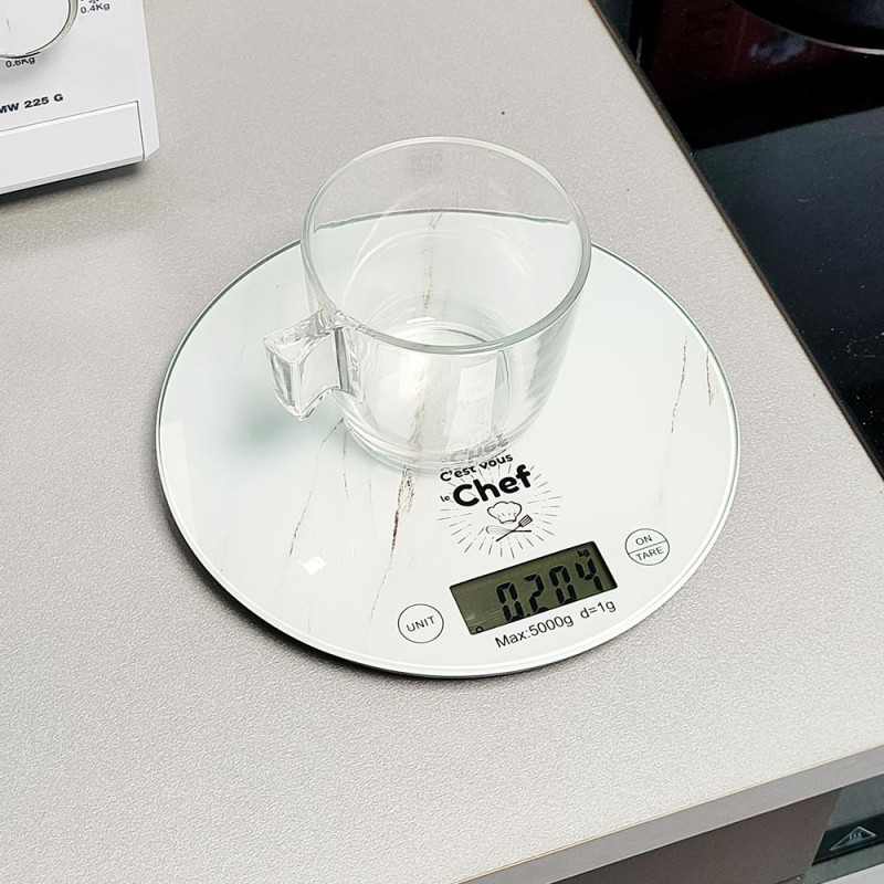 Balance de Cuisine Ronde Numérique - 5kg - Écran LCD - Effet Marbre