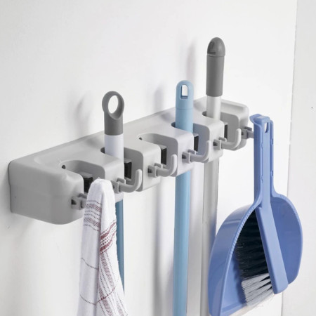 Accroche Balais Mural avec 5 Supports et 6 Crochets pour Ustensiles de Nettoyage avec Kit de Fixation