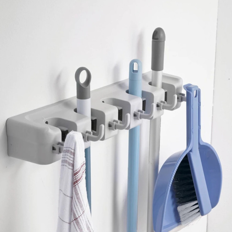 Accroche Balais Mural avec 5 Supports et 6 Crochets pour Ustensiles de Nettoyage avec Kit de Fixation