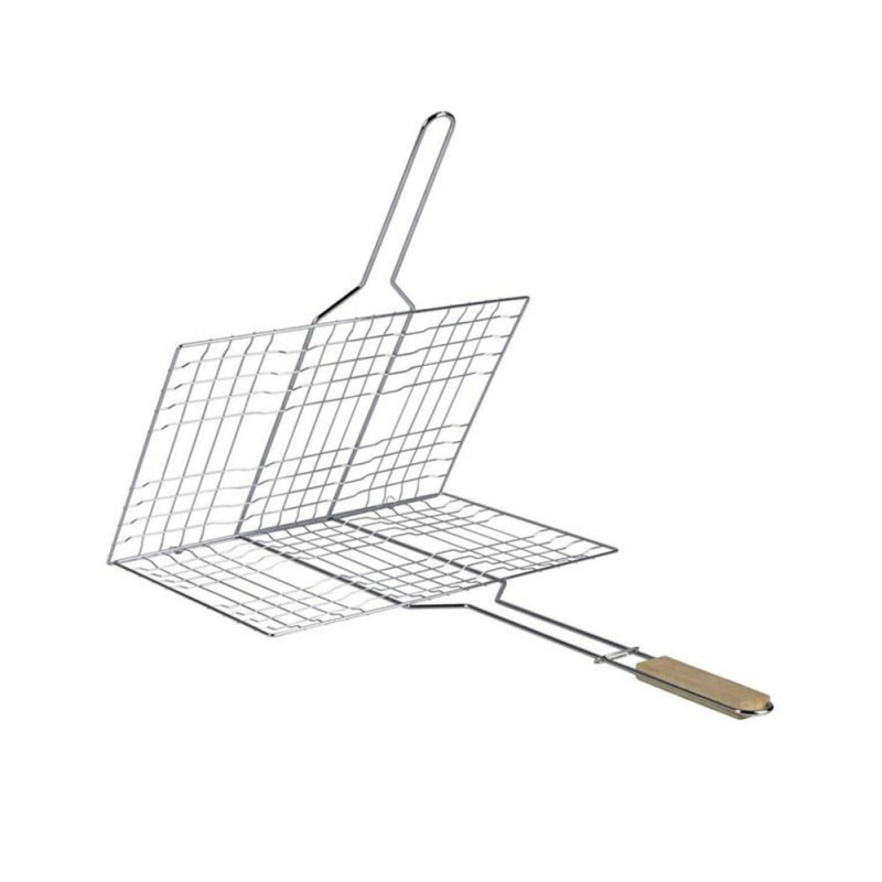 Double Grille Barbecue Rectangle 34x22 cm en Acier Chromé avec Manche en Bois