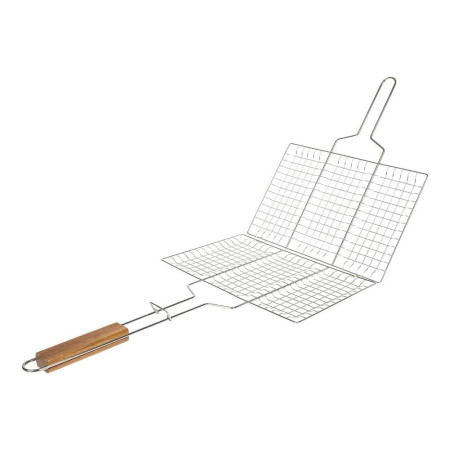 Double Grille Barbecue Rectangle 34x22 cm en Acier Chromé avec Manche en Bois