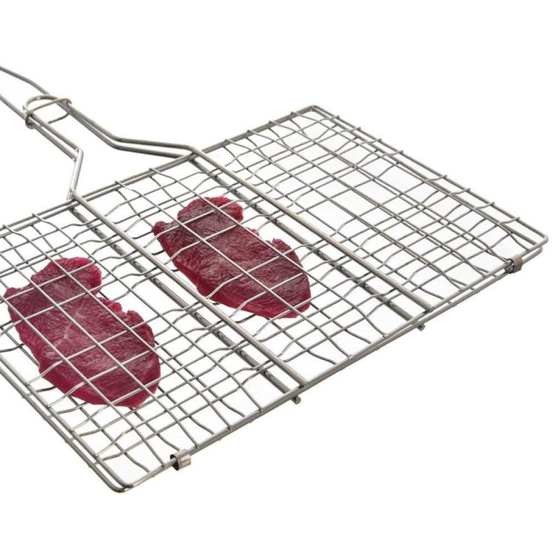 Double Grille Barbecue Rectangle 34x22 cm en Acier Chromé avec Manche en Bois