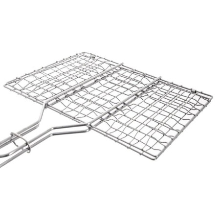 Double Grille Barbecue Rectangle 34x22 cm en Acier Chromé avec Manche en Bois