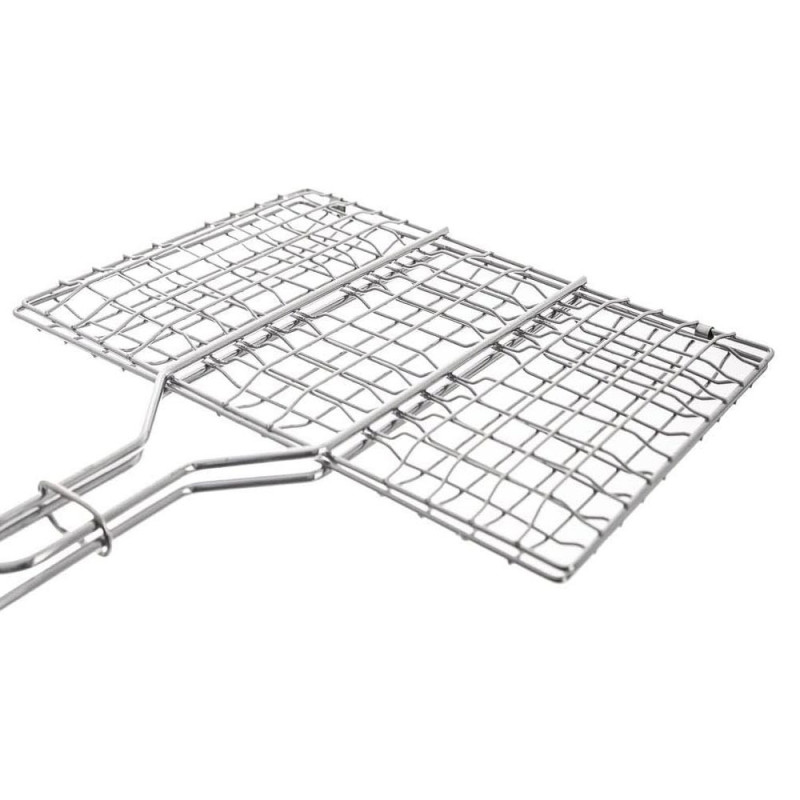 Double Grille Barbecue Rectangle 34x22 cm en Acier Chromé avec Manche en Bois