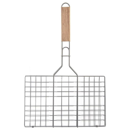 Double Grille Barbecue Rectangle 34x22 cm en Acier Chromé avec Manche en Bois