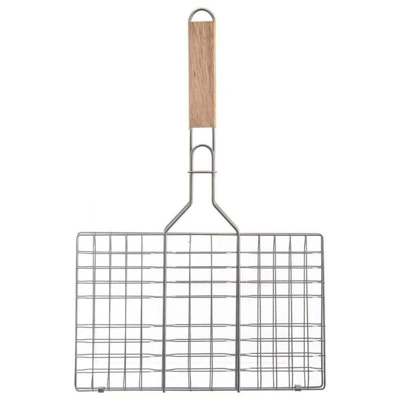 Double Grille Barbecue Rectangle 34x22 cm en Acier Chromé avec Manche en Bois