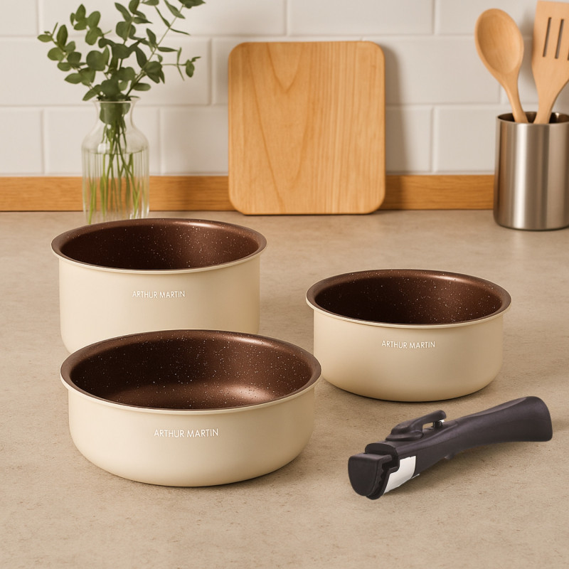 Set de 3 Casseroles Écru Tous Feux Arthur Martin 16-18-20 cm avec une Poignée