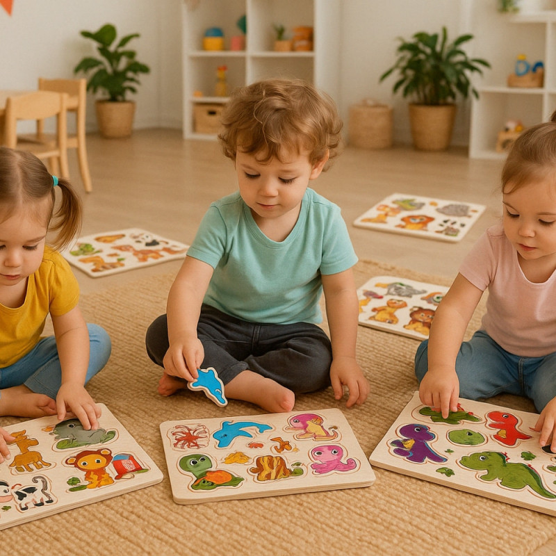 Pack De 4 Puzzles En Bois Jouet Éducatif Et Montessori Enfants Animaux, Zoo, Marin Et Dinosaures - Dès 2 Ans