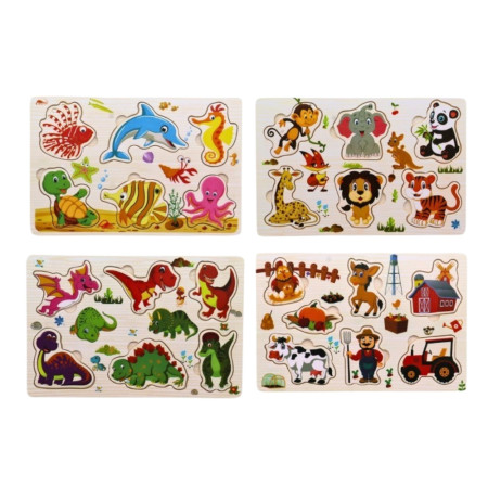 Pack De 4 Puzzles En Bois Jouet Éducatif Et Montessori Enfants Animaux, Zoo, Marin Et Dinosaures - Dès 2 Ans