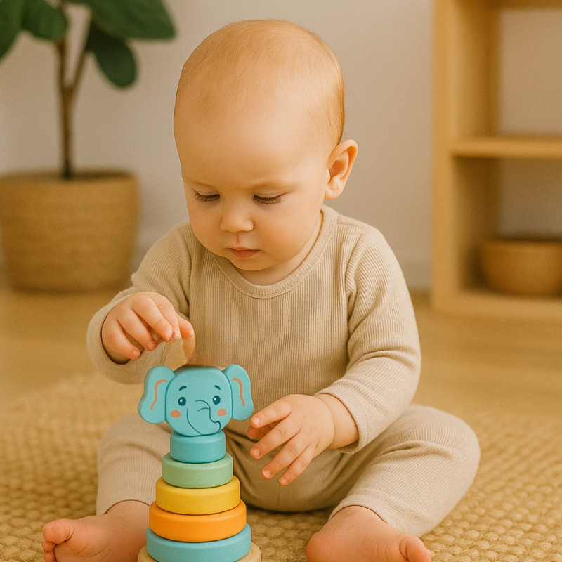 Tour À Empiler En Bois Pour Bébé Jouet Montessori et d'Eveil pour Motricité Fine Avec Modèle Animal Aléatoire - Dès 1 an