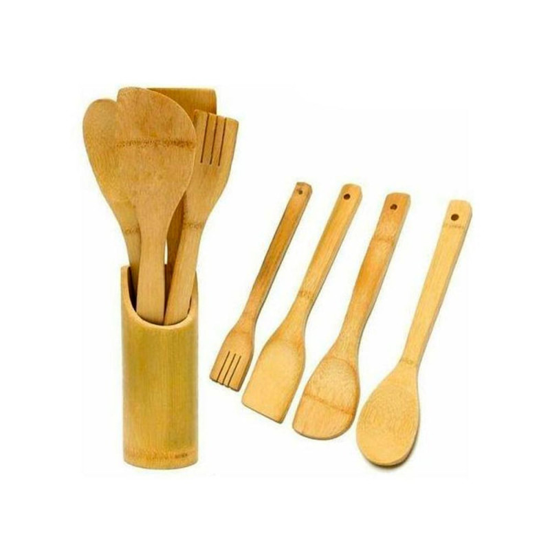 Lot d'Ustensiles de Cuisine en Bambou avec Pot