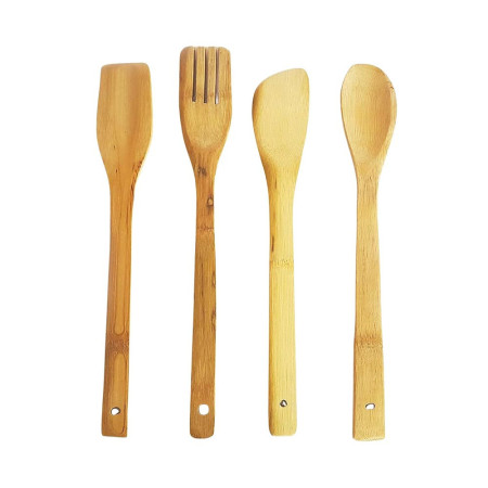 Lot d'Ustensiles de Cuisine en Bambou avec Pot