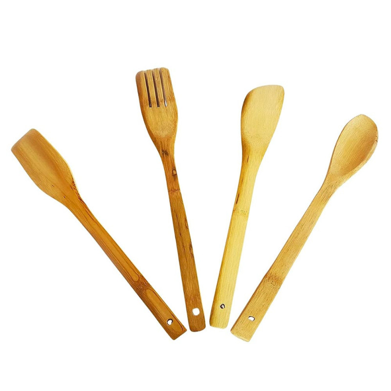 Lot d'Ustensiles de Cuisine en Bambou avec Pot