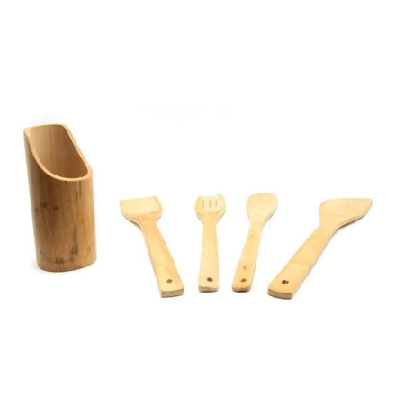 Lot d'Ustensiles de Cuisine en Bambou avec Pot