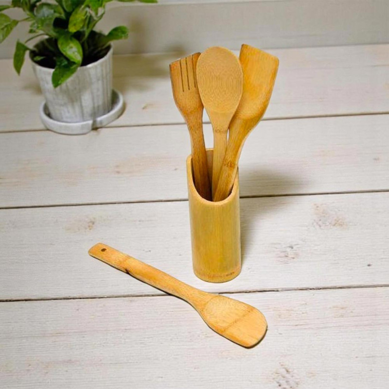 Lot d'Ustensiles de Cuisine en Bambou avec Pot