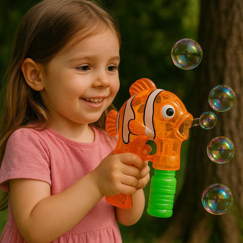 Pistolet à Bulles Poisson Clown Orange en Plastique avec 2 Recharges Idéal pour Enfants Jeu d'Extérieur Bubble Gun