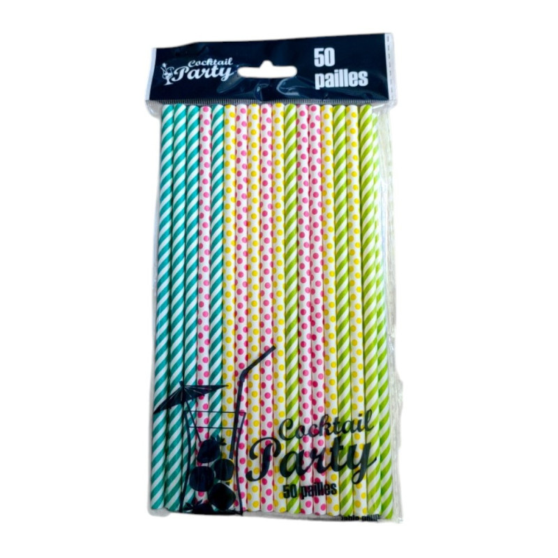Pailles en papier rayées multicolores – Lot de 50 – 20 cm – Fête, anniversaire, cocktail