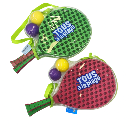 Set de Tennis de Plage 2 Raquettes en Plastique 50 cm avec 2 Balles en Mousse et Housse de Transport  - Couleur Aléatoire