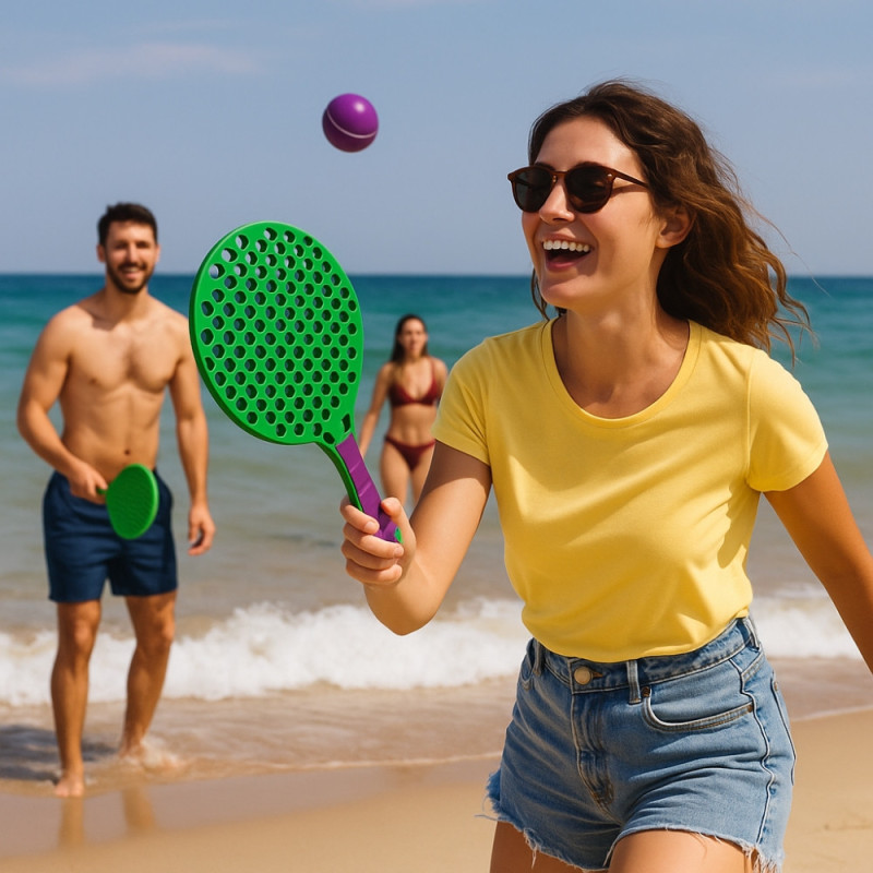 Set de Tennis de Plage 2 Raquettes en Plastique 50 cm avec 2 Balles en Mousse et Housse de Transport  - Couleur Aléatoire