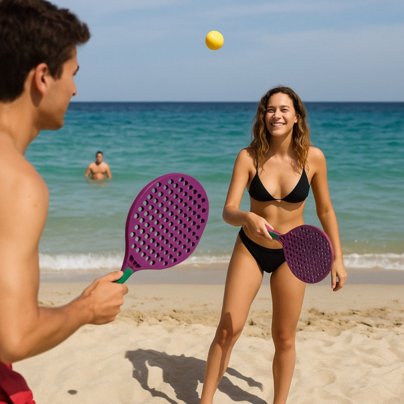 Set de Tennis de Plage 2 Raquettes en Plastique 50 cm avec 2 Balles en Mousse et Housse de Transport  - Couleur Aléatoire