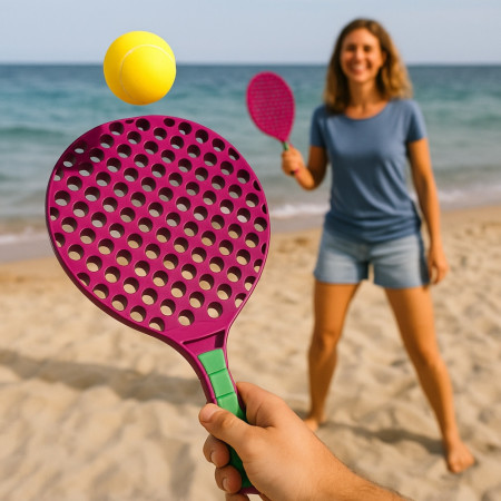 Set de Tennis de Plage 2 Raquettes en Plastique 50 cm avec 2 Balles en Mousse et Housse de Transport  - Couleur Aléatoire