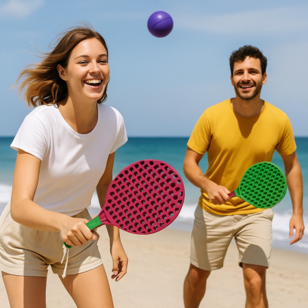 Set de Tennis de Plage 2 Raquettes en Plastique 50 cm avec 2 Balles en Mousse et Housse de Transport  - Couleur Aléatoire