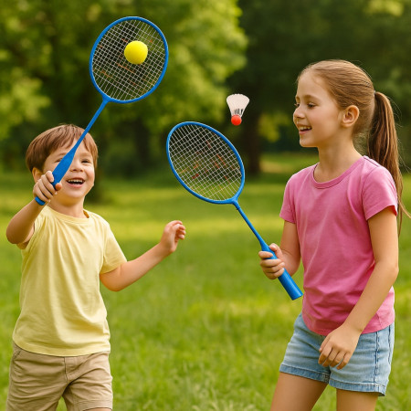 Set de Badminton Junior 2 Raquettes Courtes 45 cm avec Volant et Balle en Mousse Pour Enfants - Couleur Aléatoire