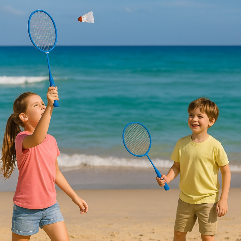 Set de Badminton Junior 2 Raquettes Courtes 45 cm avec Volant et Balle en Mousse Pour Enfants - Couleur Aléatoire