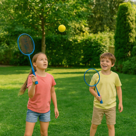 Set de Badminton Junior 2 Raquettes Courtes 45 cm avec Volant et Balle en Mousse Pour Enfants - Couleur Aléatoire