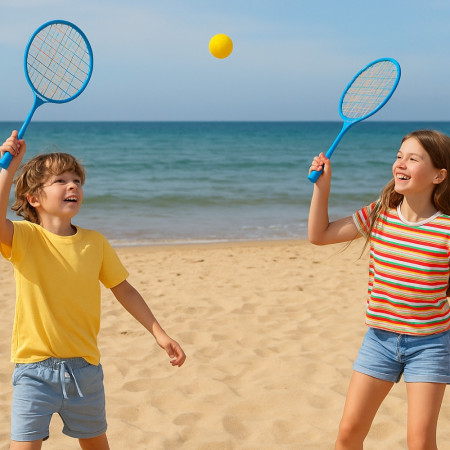 Set de Badminton Junior 2 Raquettes Courtes 45 cm avec Volant et Balle en Mousse Pour Enfants - Couleur Aléatoire
