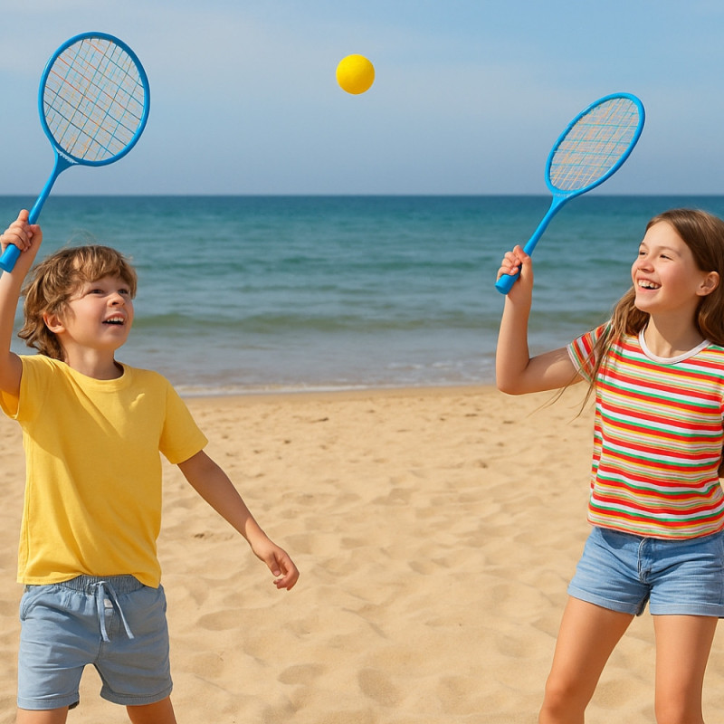 Set de Badminton Junior 2 Raquettes Courtes 45 cm avec Volant et Balle en Mousse Pour Enfants - Couleur Aléatoire