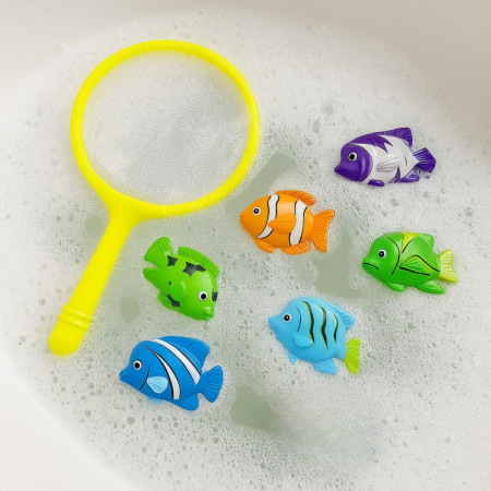Jeu de Pêche pour Enfants avec Épuisette et 6 Poissons Colorés Idéal pour le Bain la Piscine ou les Jeux d'Eau en Extérieur