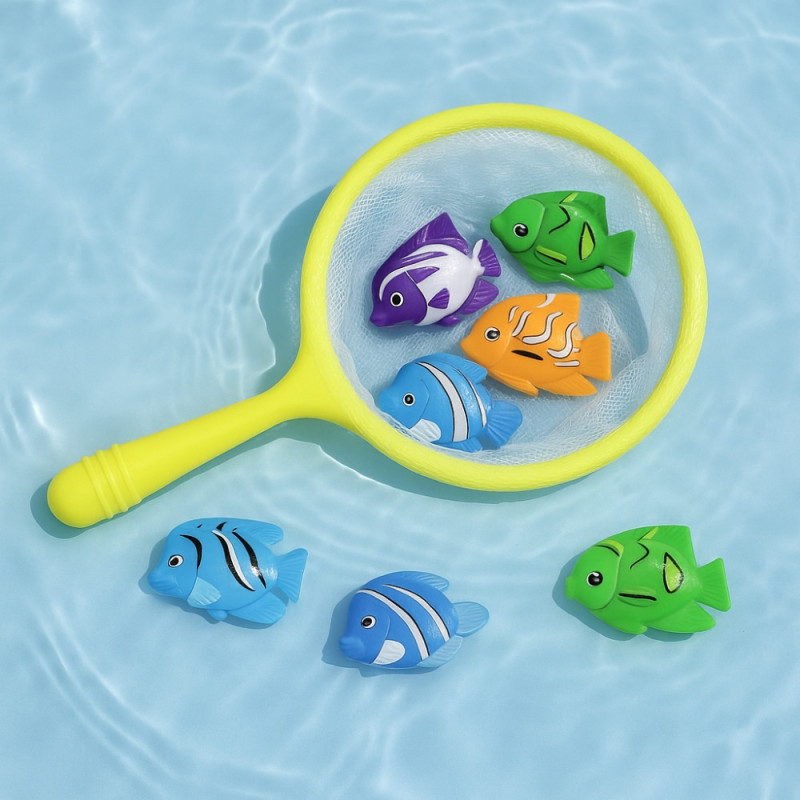Jeu de Pêche pour Enfants avec Épuisette et 6 Poissons Colorés Idéal pour le Bain la Piscine ou les Jeux d'Eau en Extérieur