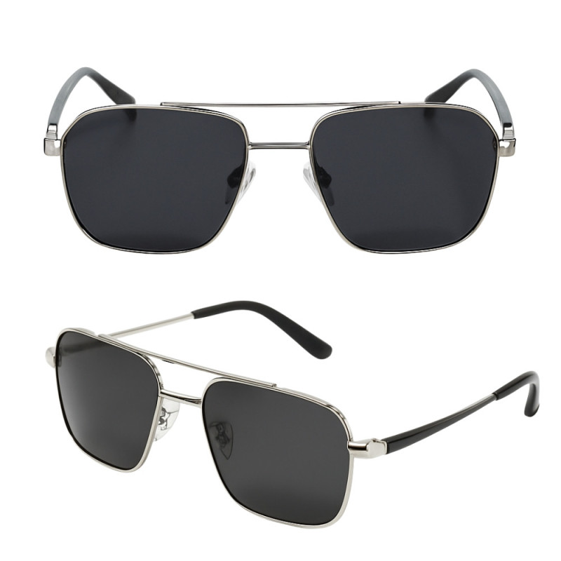 Lunettes de Soleil Homme Rectangle Double Pont Argent Marque Sebastien Loeb Racing Protection Indice 3 avec Branche Flex