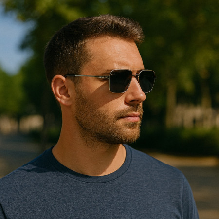 Lunettes de Soleil Homme Rectangle Double Pont Argent Marque Sebastien Loeb Racing Protection Indice 3 avec Branche Flex