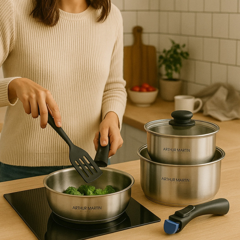Batterie de Cuisine Arthur Martin 20 Pièces en Inox Tous Feux avec Ustensiles et Poignée Amovible