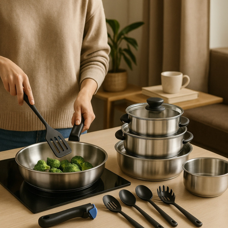 Batterie de Cuisine Arthur Martin 20 Pièces en Inox Tous Feux avec Ustensiles et Poignée Amovible
