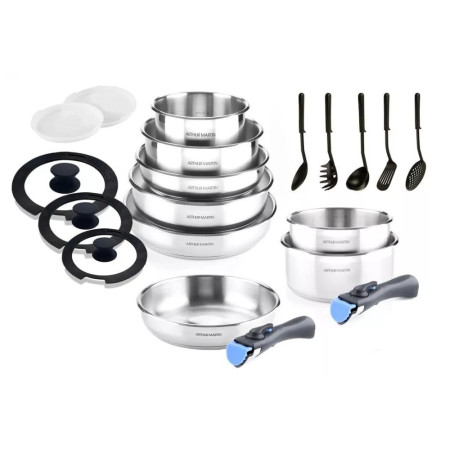 Batterie de Cuisine Arthur Martin 20 Pièces en Inox Tous Feux avec Ustensiles et Poignée Amovible