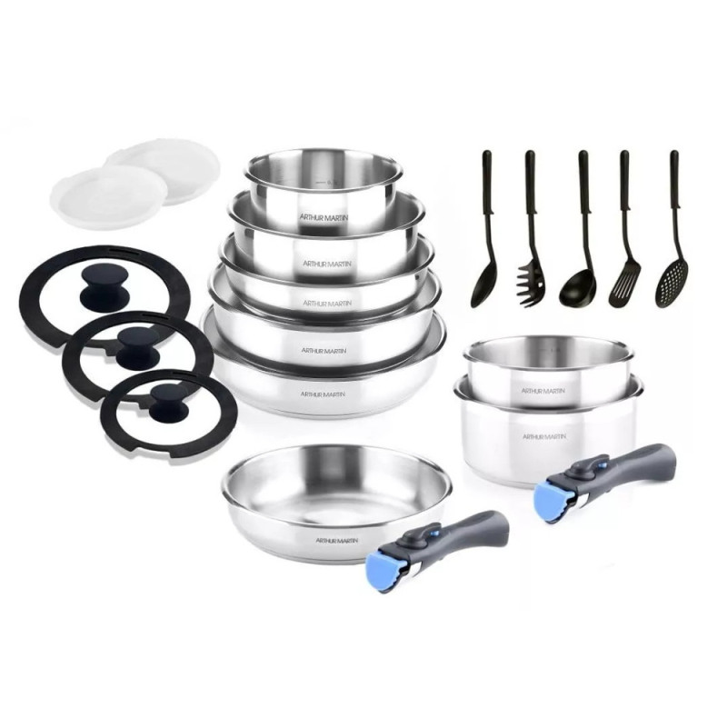 Batterie de Cuisine Arthur Martin 20 Pièces en Inox Tous Feux avec Ustensiles et Poignée Amovible