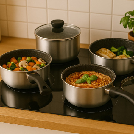Batterie de Cuisine Arthur Martin 10 Pièces en Aluminium Tous Feux avec Ustensiles et Poignée Amovible - Argent